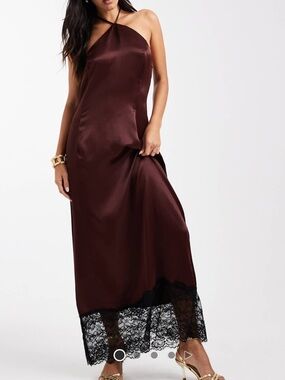 Miss Selfridge Satin Halter Maxi Dress in Burgundy with Black Lace Hem